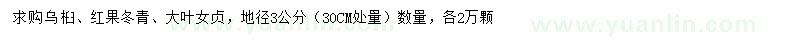 求購烏桕、紅果冬青、大葉女貞