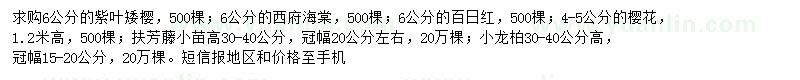求購(gòu)紫葉矮櫻、西府海棠、百日紅等
