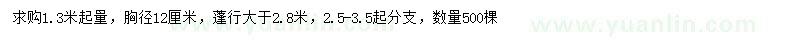 求購1.3米起量12公分黃山欒樹