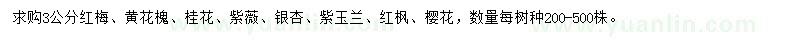 求購3公分紅梅、黃花槐、桂花等
