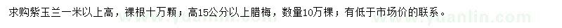 求購(gòu)高1米以上紫玉蘭、高15公分以上臘梅