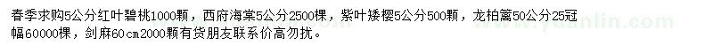 求購(gòu)5公分紅葉碧桃、西府海棠、紫葉矮櫻
