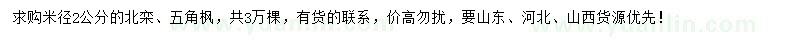 求購米徑2公分北京欒樹、五角楓