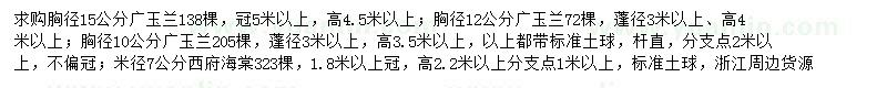 求購胸徑15、12、10公分廣玉蘭、米徑7公分西府海棠
