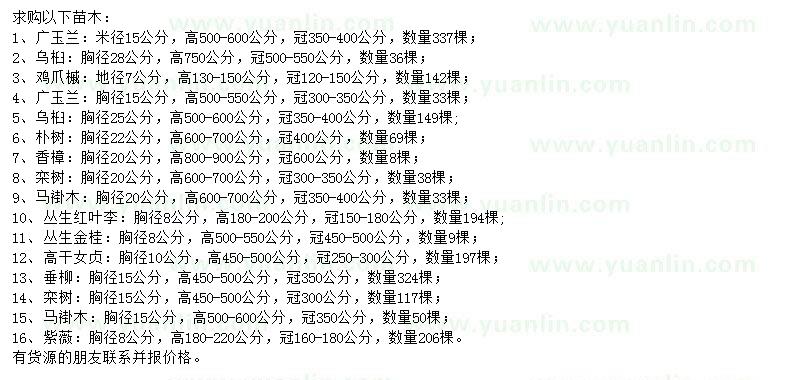 求購廣玉蘭、烏桕、雞爪槭等