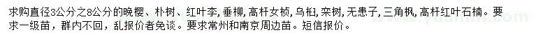 求購晚櫻、樸樹、紅葉李等