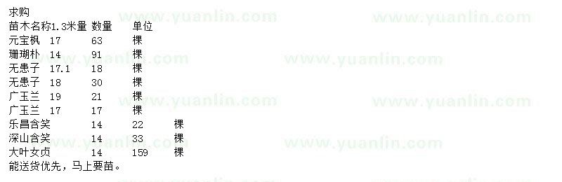 求購元寶楓、珊瑚樸、無患子等
