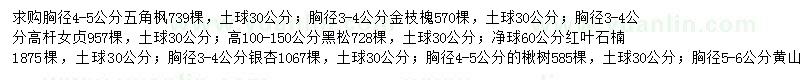 求購五角楓、金枝槐、高桿女貞等