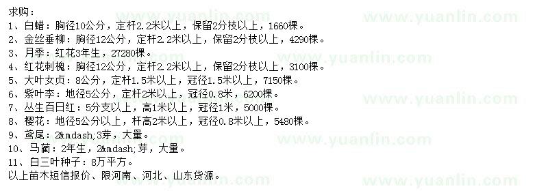 求購白蠟、金絲垂柳、月季等
