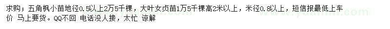 求購地徑0.5公分以上五角楓、高2米以上大葉女貞