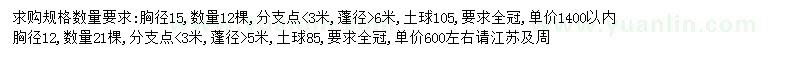 求購胸徑15、12c公分黃山欒樹