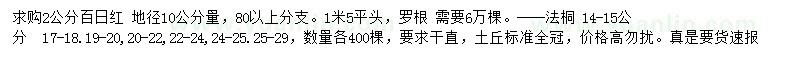 求購2公分百日紅、14-15公分法桐
