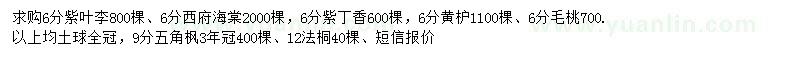 求購紫葉李、西府海棠、紫丁香等