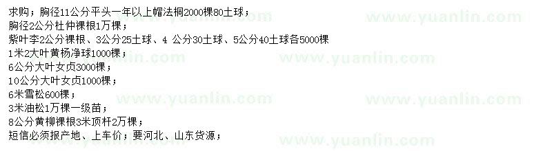 求購(gòu)法桐、杜仲、紫葉李等