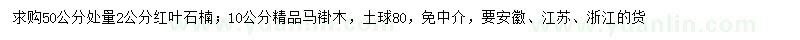 求購(gòu)50公分處量2公分紅葉石楠、10公分馬褂木