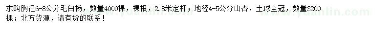 求購胸徑6-8公分毛白楊、地徑4-5公分山杏