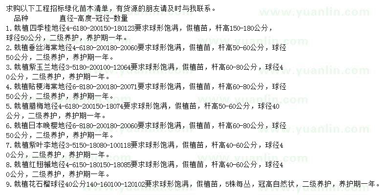 求購(gòu)四季桂、垂絲海棠、紫玉蘭等