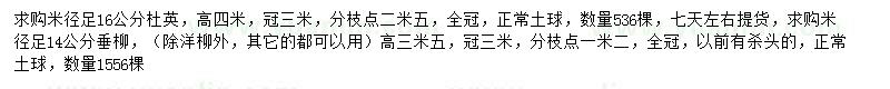 求購米徑16公分杜英、米徑14公分垂柳