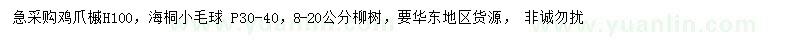 求購雞爪槭、海桐小毛球、柳樹