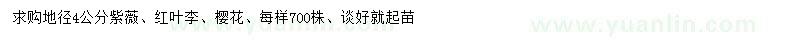 求購紫薇、紅葉李、櫻花