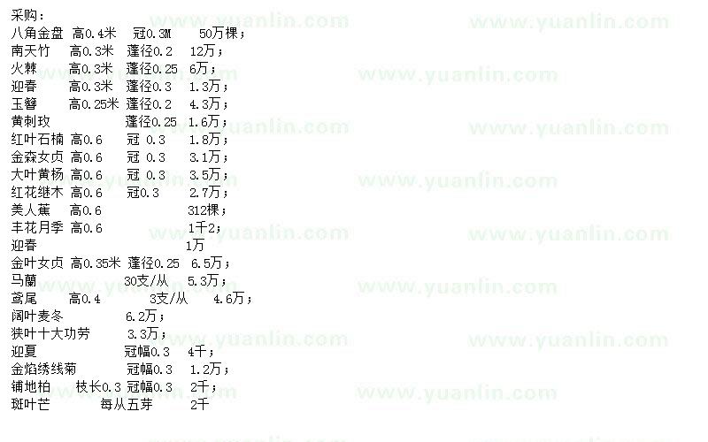 求購八角金盤、南天竹、火棘等