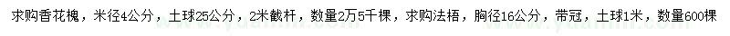 求購米徑4公分香花槐、胸徑16公分法國梧桐