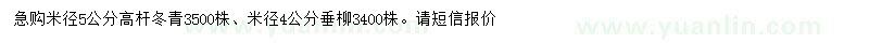 求購米徑5公分高桿冬青、4公分垂柳