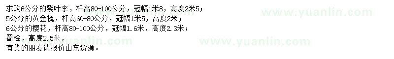 求購紫葉李、黃金槐、櫻花等