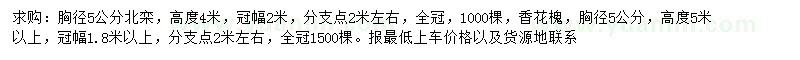 求購胸徑5公分北欒、香花槐