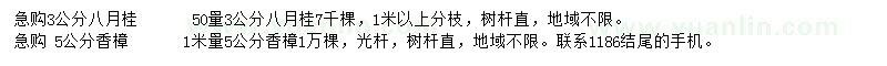 求購50量3公分八月桂、1米量5公分香樟