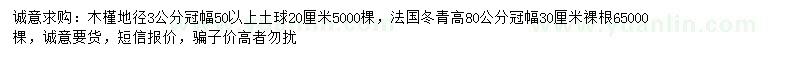 求購地徑3公分木槿、高80公分法國冬青