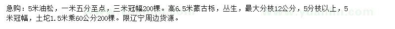 求購5米油松、6.5米蒙古櫟