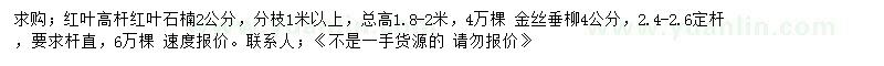 求購2公分高桿紅葉石楠、4公分金絲垂柳