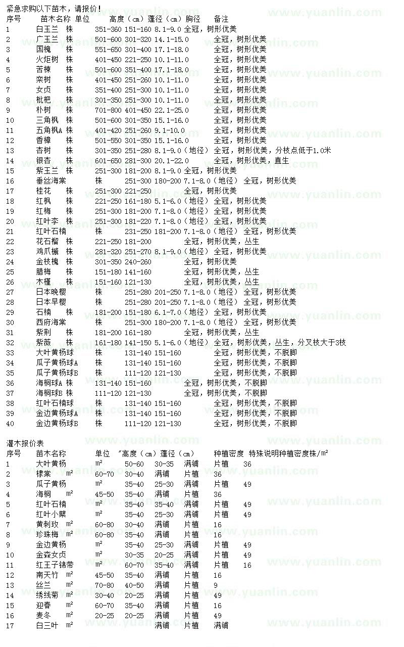 求購白玉蘭、廣玉蘭、國槐等