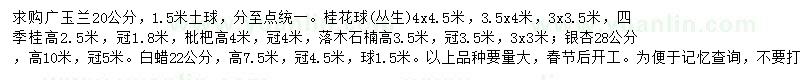 求購廣玉蘭、桂花球、四季桂等