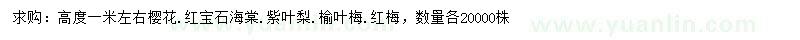 求購高1米左右櫻花、紅寶石海棠、紫葉梨等