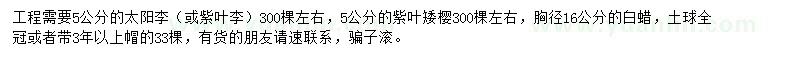 求購太陽李、紫葉矮櫻、白蠟