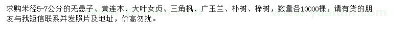 求購(gòu)米徑5-7公分無(wú)患子、黃連木、大葉女貞等
