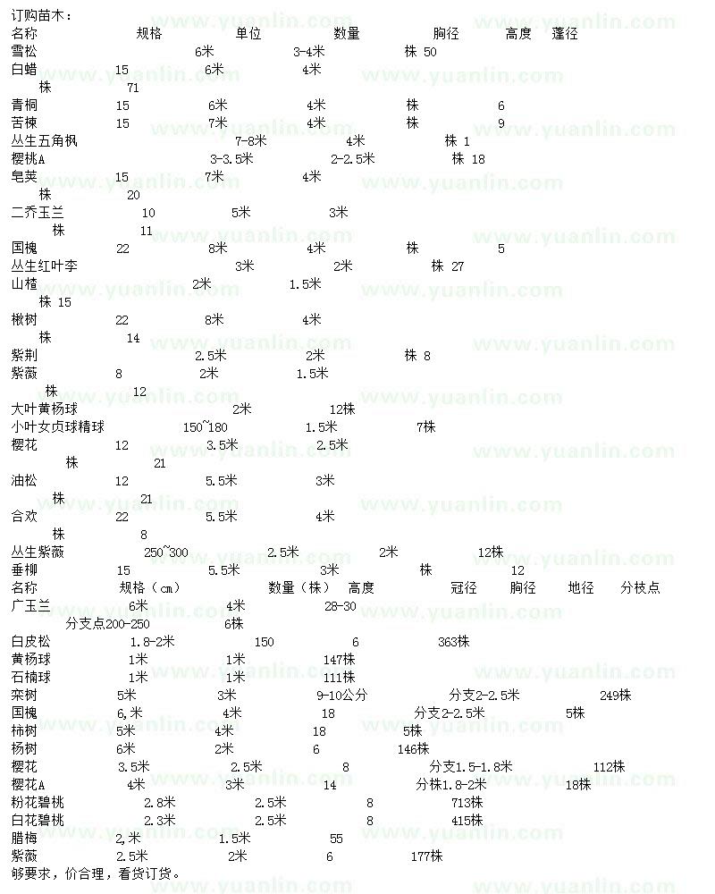 求購雪松、白蠟、青桐等