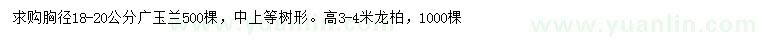 求購胸徑18-20公分廣玉蘭、高3-4米龍柏