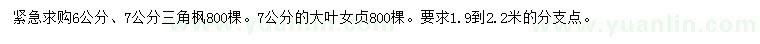 求購6、7公分三角楓、7公分大葉女貞