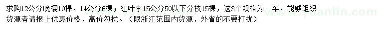 求購(gòu)12、14公分晚櫻、15公分紅葉李