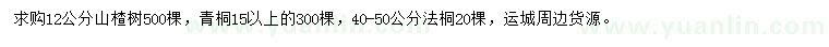 求購山楂樹、青桐、法桐