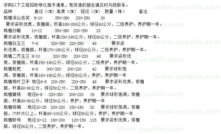 求購深山含笑、白蠟、白玉蘭等