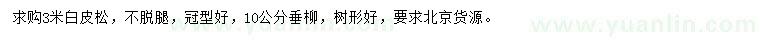 求購3米白皮松、10公分垂柳