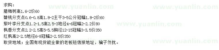 求購臘梅、碧桃、紫葉李等