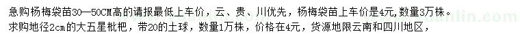 求購(gòu)高30-50公分楊梅、地徑2公分大五星枇杷