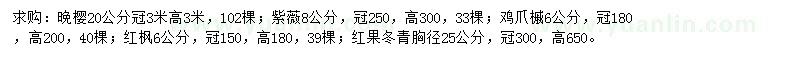 求購紅果冬青、晚櫻、紫薇等