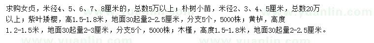求購女貞、樸樹、紫葉矮櫻等
