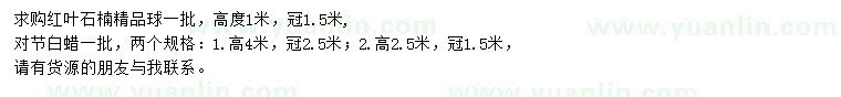 求購(gòu)高1米紅葉石楠、高2.5、4米對(duì)節(jié)白蠟